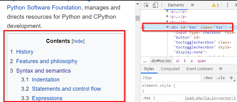 Right Click > Inspect to locate the TOC Div